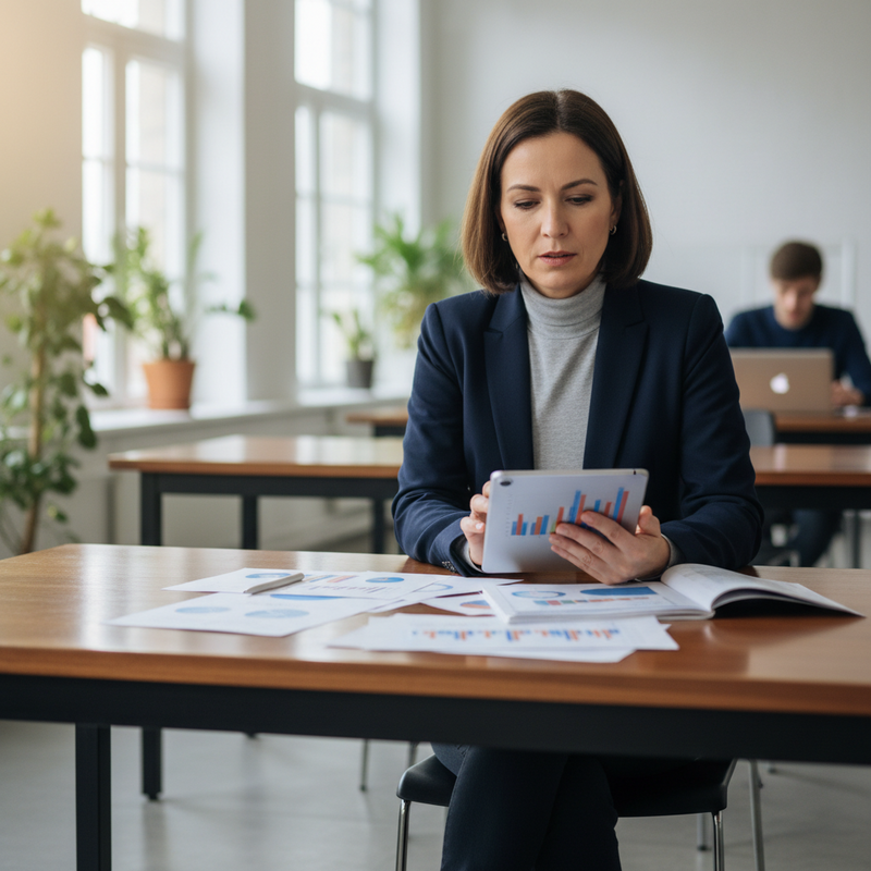Een persoon zit geconcentreerd aan een bureau en kijkt naar documenten of een tablet, bezig met het analyseren van financiële informatie voor vastgoedbeslissingen.