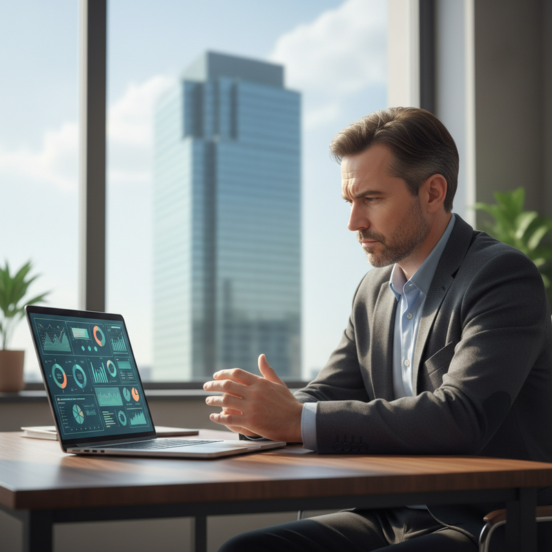 Een man, een vastgoedbelegger, kijkt geconcentreerd naar een laptop waarop financiële data en rapporten zichtbaar zijn, met een kantoorgebouw op de achtergrond. De scène straalt professionaliteit en analyse uit.