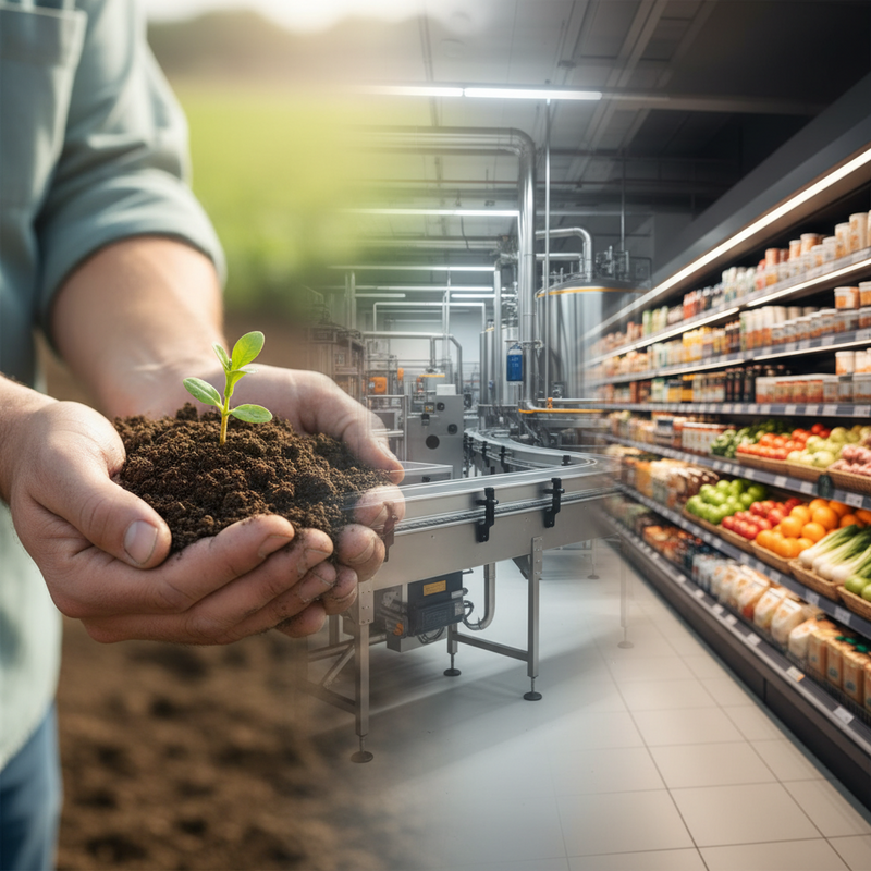 Een fotografische weergave van de voedseltoeleveringsketen, beginnend met groene spruiten in de hand van een boer, overgaand in een geavanceerde voedselverwerkingsinstallatie, en eindigend in een moderne supermarkt met diverse producten.